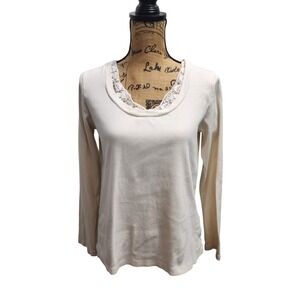 AA Lace Trim Long Sleeve Top Cream Cotton Casual Classic Womens
